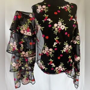 Impulsive, Sheer Black Floral Embroidered Ruffled Sleeve Flamenco Top, Size XL